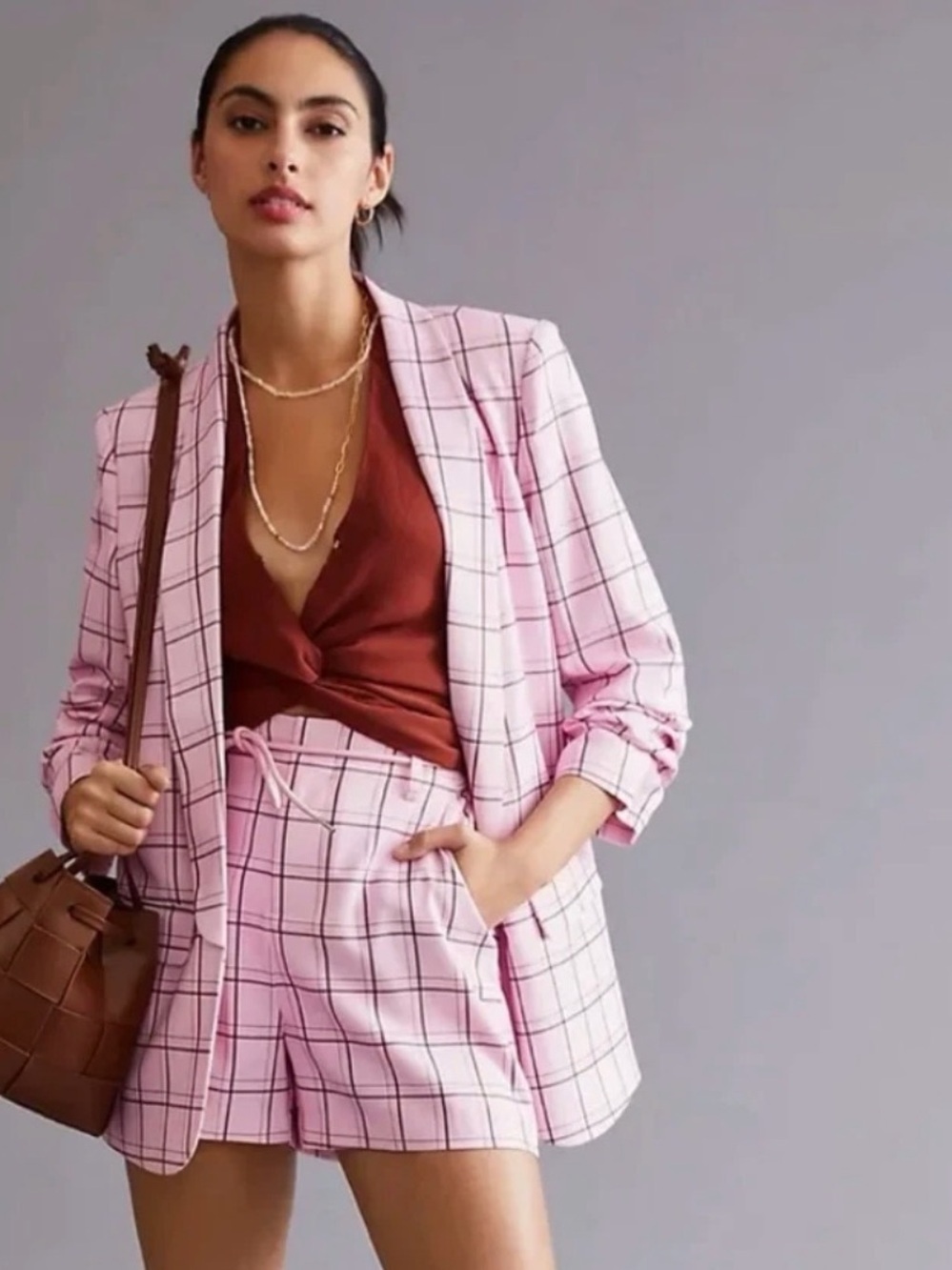 Mare Mare x Anthropologie Pink Plaid Windowpane Blazer Preppy Jacket Size XS